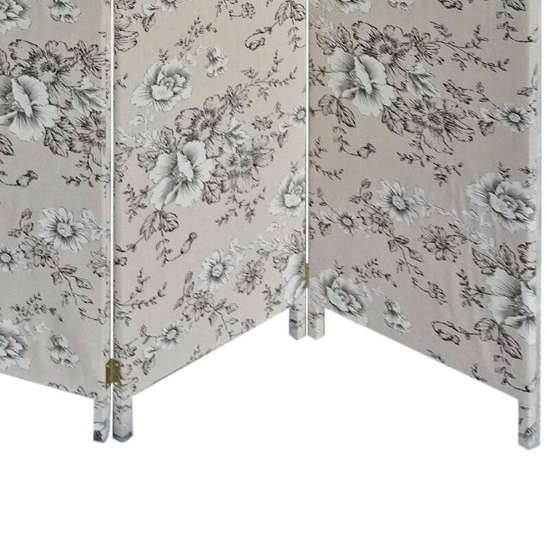 71 Inch 3 Panel Fabric Room Divider with Floral Print, Gray-Benzara