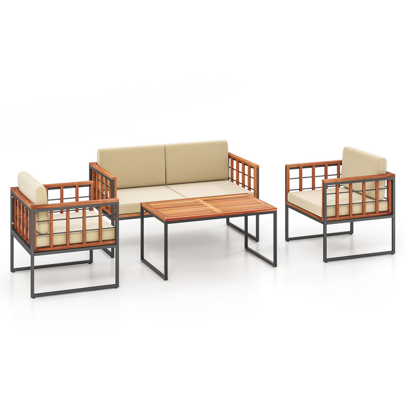 4 Pieces Acacia Wood Outdoor Sofa Set