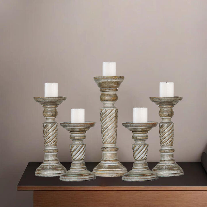 Traditional Gray Wash Eco-friendly Handmade Mango Wood Set Of Five 6",9",12",9" & 6" Pillar Candle Holder BBH