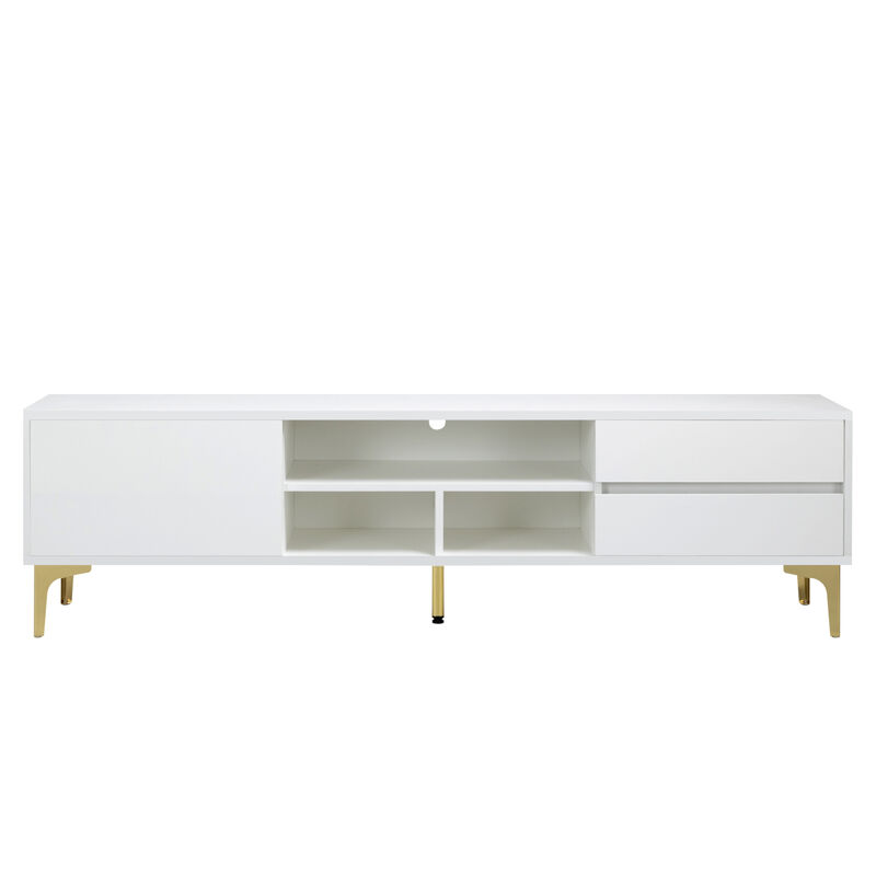 White TV stand with LED lights and gold legs