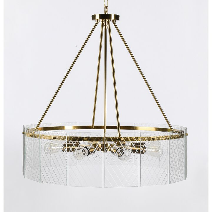 32 Inch Round 8 Light Chandelier, Diamond Lattice, Gold Iron, Clear Glass-Benzara
