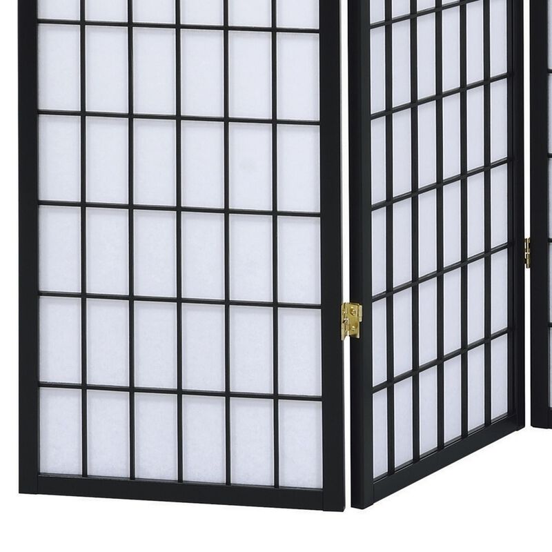 3 Panel Screen with Grid Design Wooden Frame, Black-Benzara