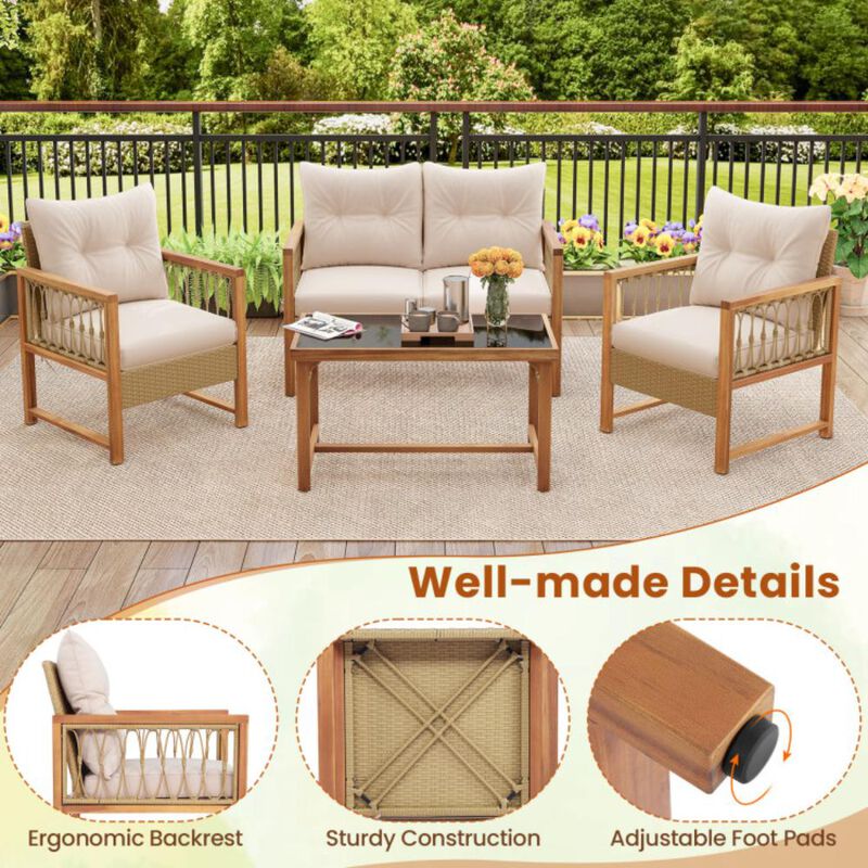 Hivvago 4 Pieces Outdoor Patio PE Wicker Conversation Bistro Set with Acacia Wood Frame