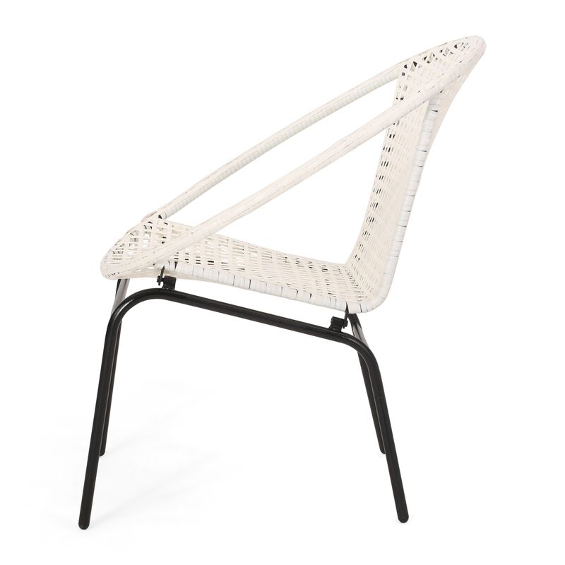 Linca Outdoor Side Chair, Set of 2, White Faux Rattan Seat, Black Iron