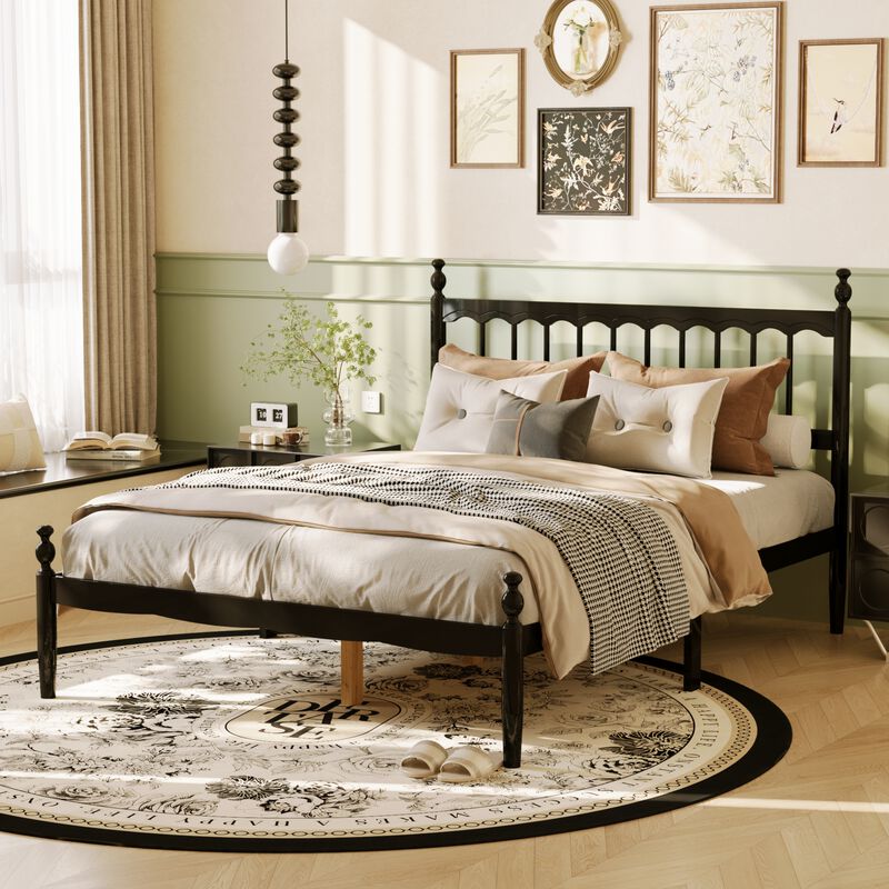 FUFU&GAGA Modern Black Metal Bed Frame with Rubberwood & Pine Slats (84.6" L x 61.8" W x 46.4" H), Black