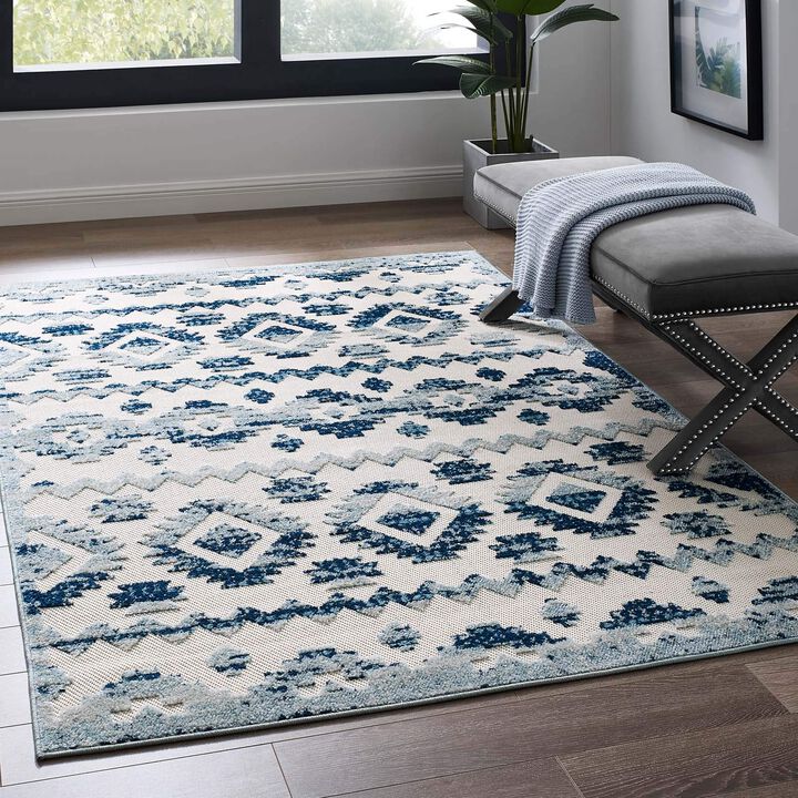 Reflect Takara Distressed Contemporary Abstract Diamond Moroccan Trellis 5x8 Indoor and Outdoor Area Rug - Ivory and Blue