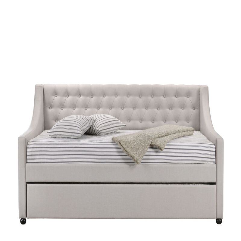 Fabric Twin Size Daybed with Button Tufted Back and Sloped Arms,Light Gray-Benzara