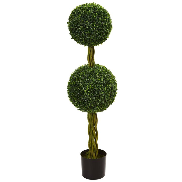 Nearly Natural 4-ft Boxwood Double Ball Artificial Topiary Tree with Woven Trunk UV Resistant (Indoor/Outdoor)