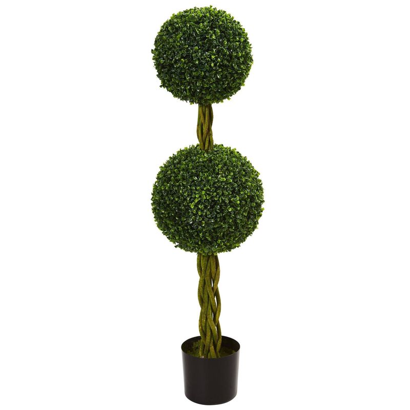 Nearly Natural 4-ft Boxwood Double Ball Artificial Topiary Tree with Woven Trunk UV Resistant (Indoor/Outdoor)