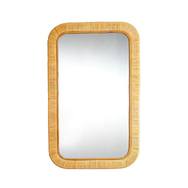 Mirror with Rectangular Woven Rattan Frame, Brown and Silver-Benzara