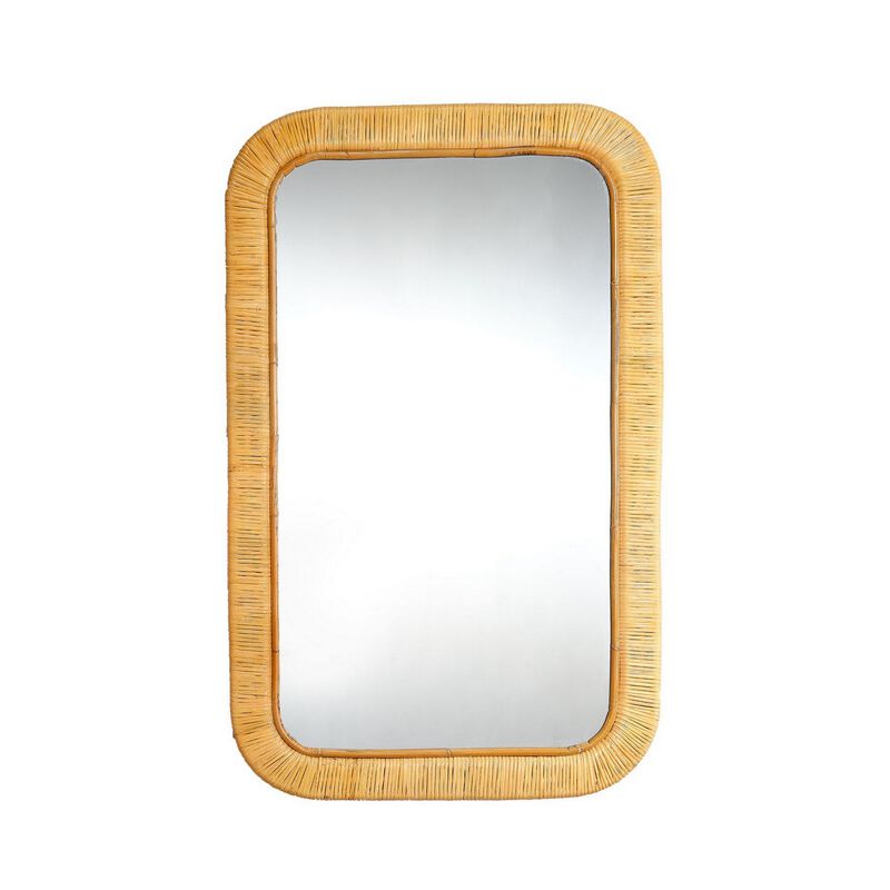 Mirror with Rectangular Woven Rattan Frame, Brown and Silver-Benzara
