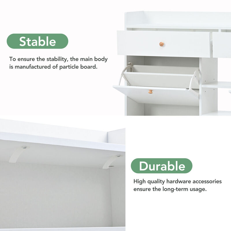 2-Tier Shoe Cabinet with 4 Flip Drawers, White