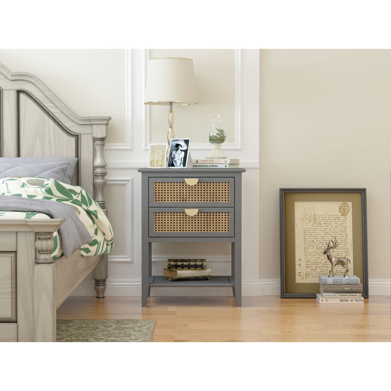 2 Drawer Side Table, Natural Rattan, End Table, Suitable For Bedroom, Living Room, Study