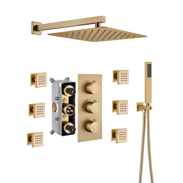 Mondawe 3 Functions Wall Mounted Thermostatic Shower System with 6 Body Jets and Rough-in Valve in Matte Black