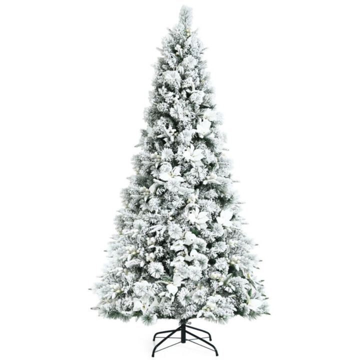 Hivvago 7 Feet Snow Flocked Christmas Tree with Poinsettia Flowers