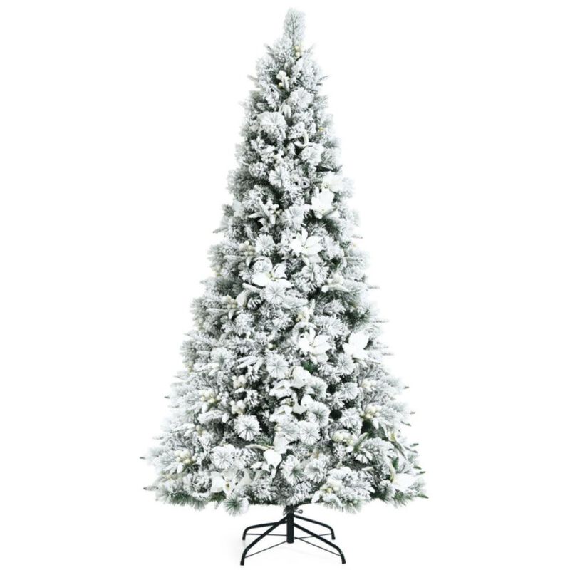 Hivvago 7 Feet Snow Flocked Christmas Tree with Poinsettia Flowers