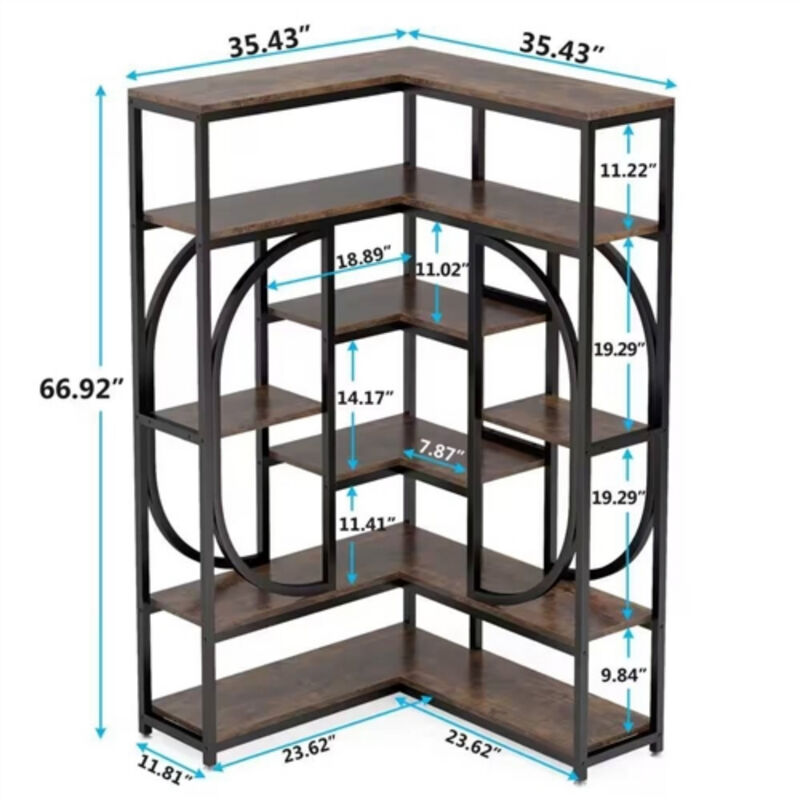 Modern Industrial Corner Bookcase with Metal Frame and Wood Shelves
