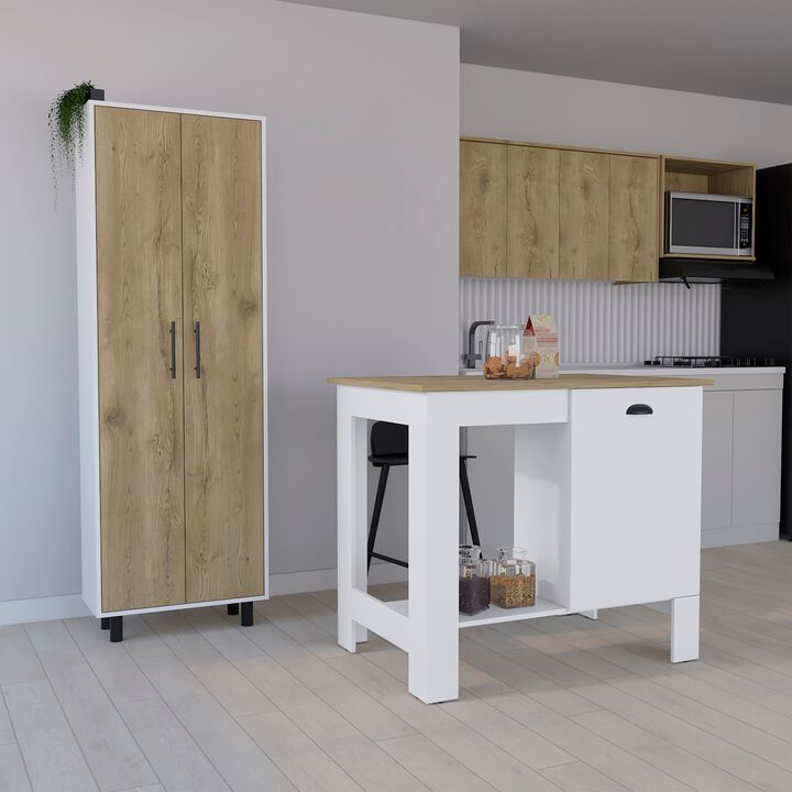 Arlington 2 Piece Kitchen Set, Kitchen Island + Pantry Cabinet, White / Light Oak