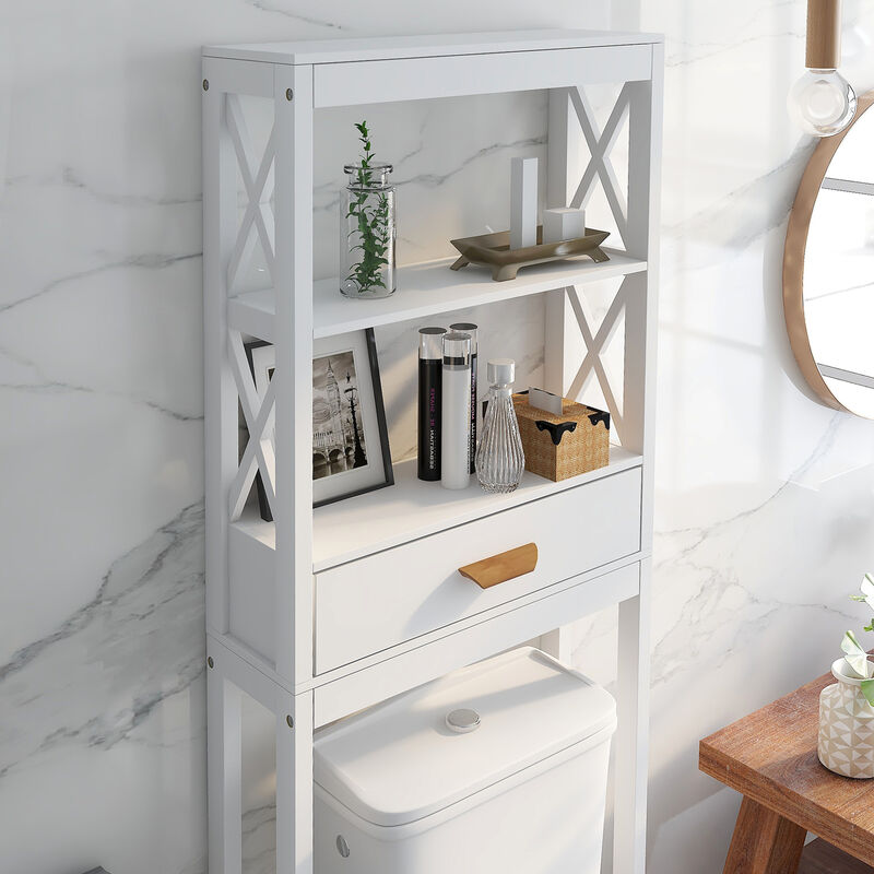 23.62 in. W. x 7.87 in. D x 64.96 in. H White Wood Linen Cabinet with 2 Open Shelves