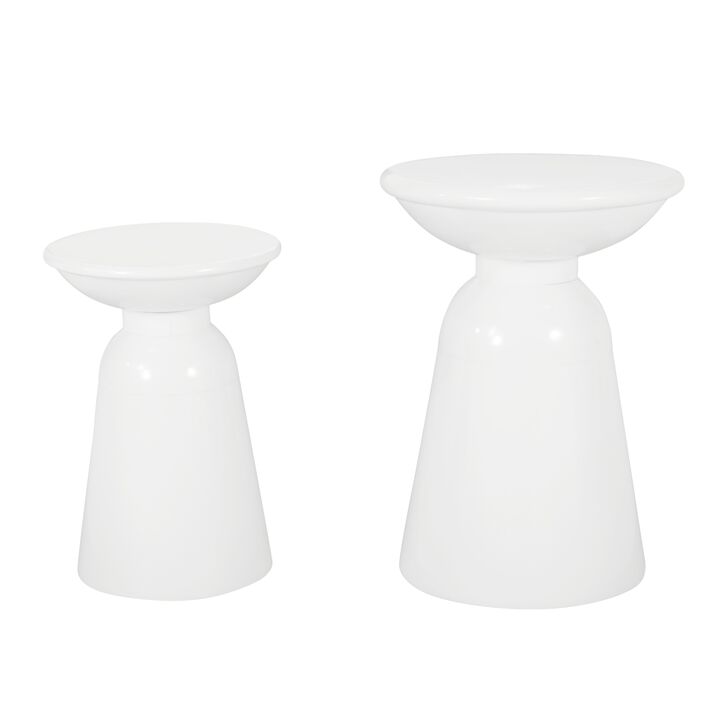 Suma Outdoor Side End Table Set of 2, Round Top, Pedestal, White Iron - Benzara