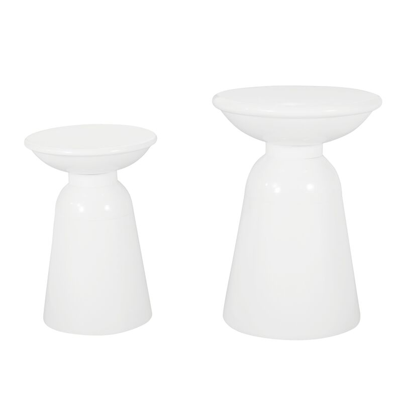 Suma Outdoor Side End Table Set of 2, Round Top, Pedestal, White Iron - Benzara