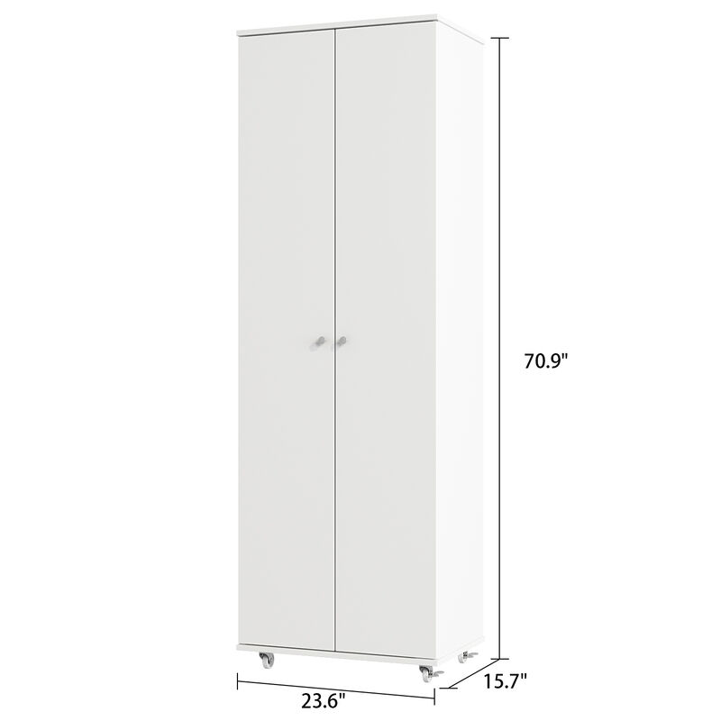 Tall Shoe Rack with Doors & Wheels, Entryway Shoe Cabinet with 8-Tier Shelf, Wood Shoe Storage Organizer for Entryway, White (23.6" W x 15.7" D x 70.9" H)
