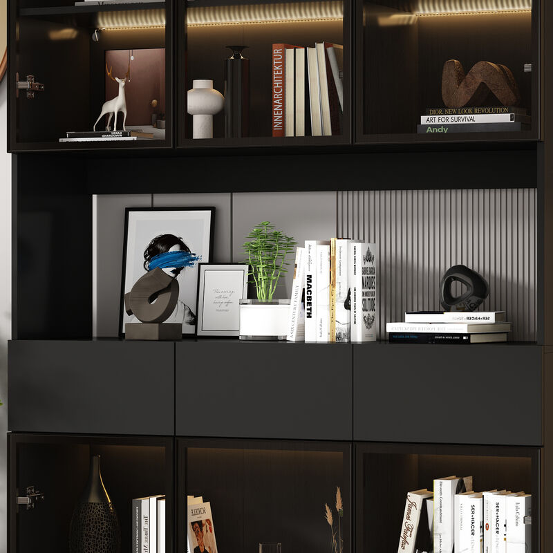 Black Wood 47.2 in. W Buffet Food Pantry W/Hutch, Glass Doors, Adjustable Shelves, LED Lights (14.2 in. D x 78.7 in. H)
