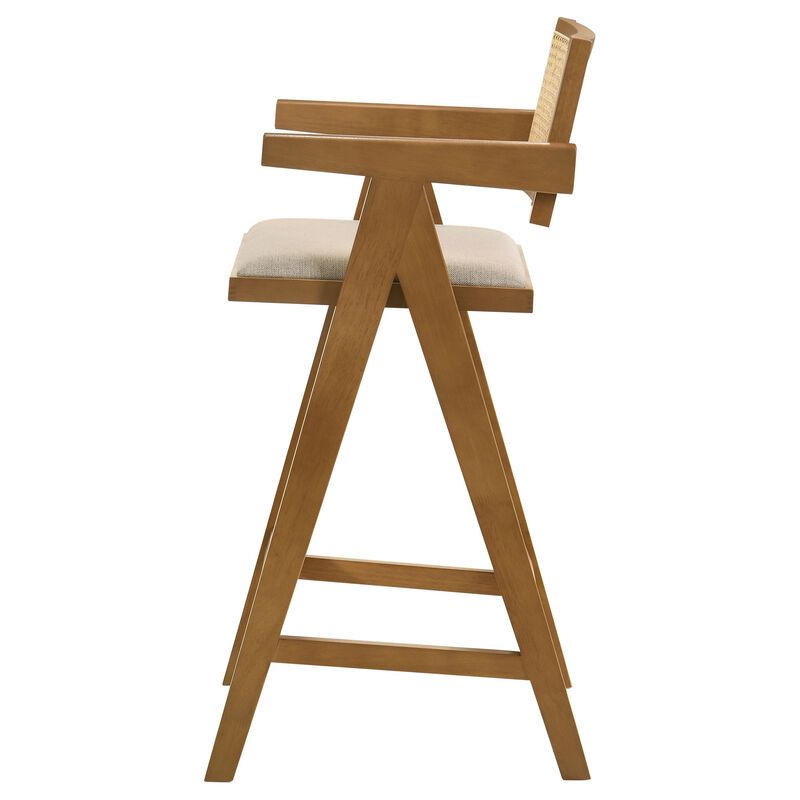 Jane Barstool Chair Set of 2, Sand Beige Rattan, Walnut Brown Solid Wood - Benzara