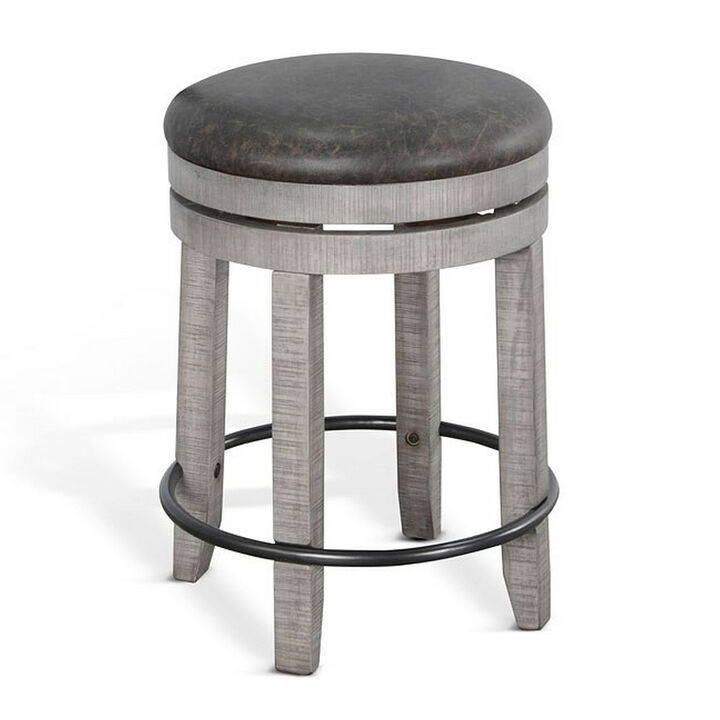 Zeka Swivel Counter Stool Set of 2, Rich Black Faux Leather, Gray - Benzara