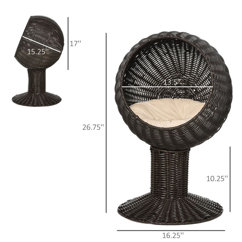Rotatable Cat Retreat: 27" Coffee-Colored Woven Grass Egg Chair Pod