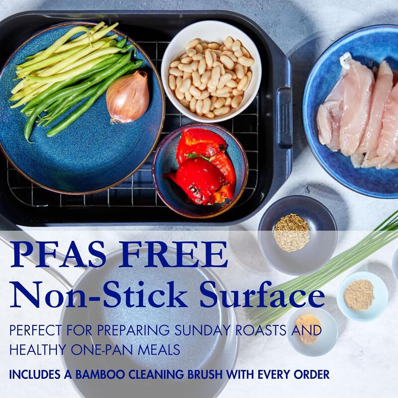 Blu. Cookware Roasting Pan with Lid and Roasting Rack, Non-Toxic, Non-Stick Ceramic, PFA/PFOA-Free, Suitable for all Cooktops, Bamboo Cleaning Brush