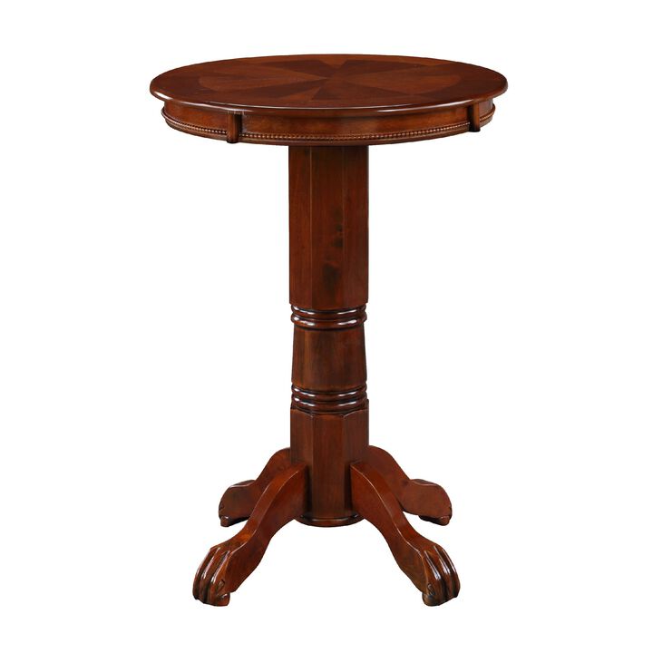 Ava 42 Inch Wood Pub Bar Table, Sunburst Design, Carved Pedestal, Dark Brown-Benzara