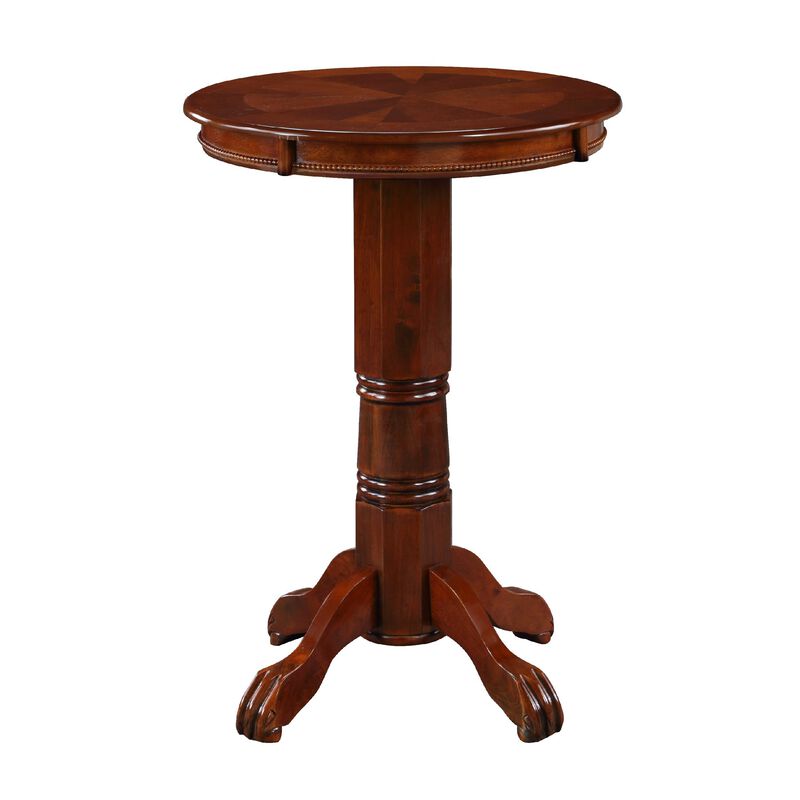 Ava 42 Inch Wood Pub Bar Table, Sunburst Design, Carved Pedestal, Dark Brown-Benzara