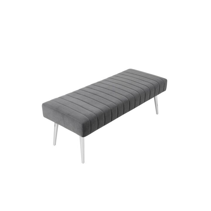 Lida 45 Inch Bench, Modern Tufted Lines, Gray Soft Velvet, Chrome Metal - Benzara