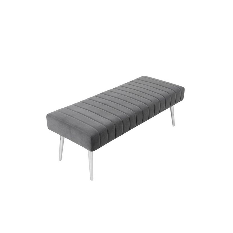 Lida 45 Inch Bench, Modern Tufted Lines, Gray Soft Velvet, Chrome Metal - Benzara