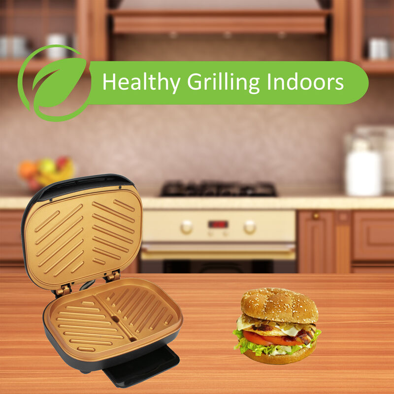 Brentwood TS-606BK 2-Serving Non-Stick 750w Indoor Electric Copper Grill and Panini Press in Black