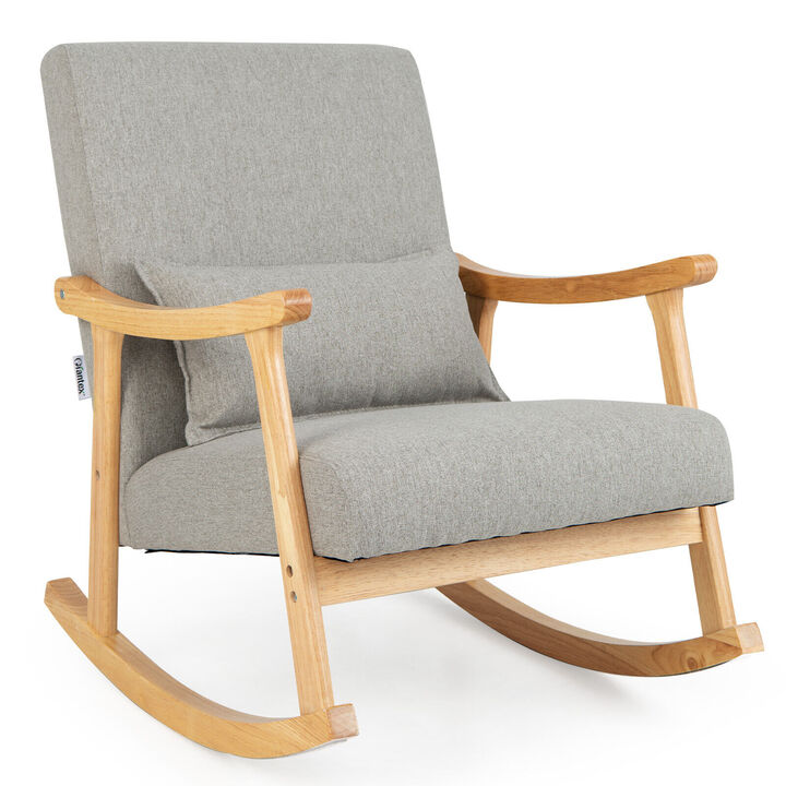 Upholstered Rocking Chair with Pillow and Rubber Wood Frame-Grey