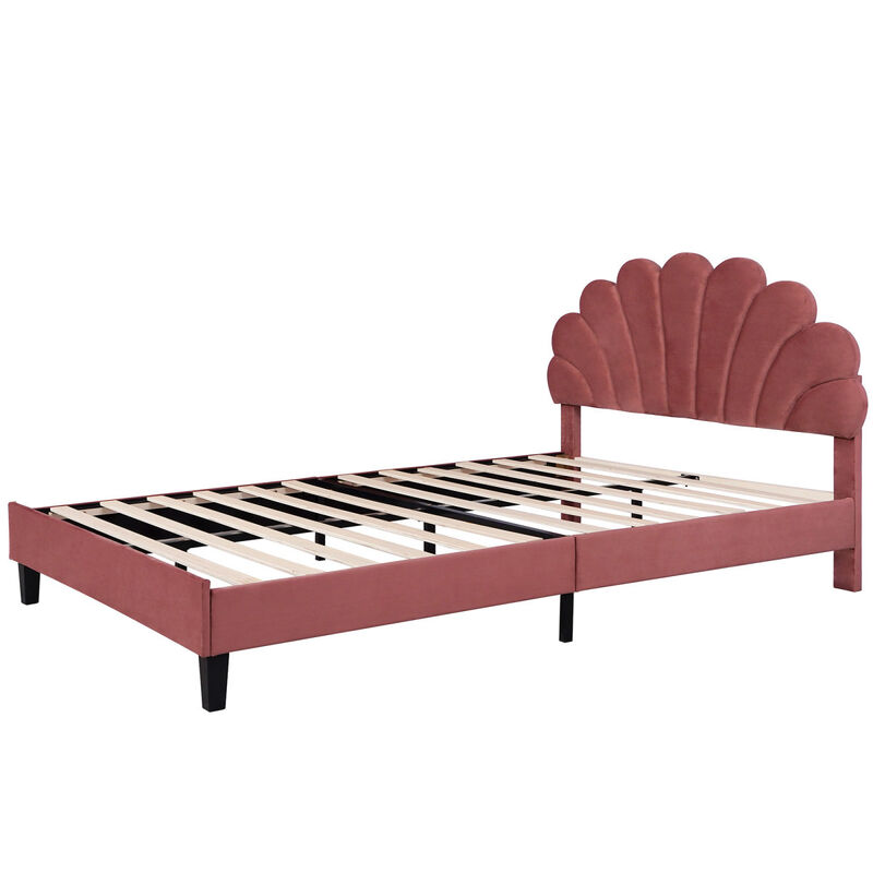 Queen Size Upholstered Platform Bed With Flower Pattern Velvet Headboard, Bean Paste