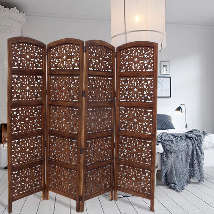 The Urban Port Handmade Foldable 4 Panel Wooden Partition Screen Room Divider, Brown-Benzara