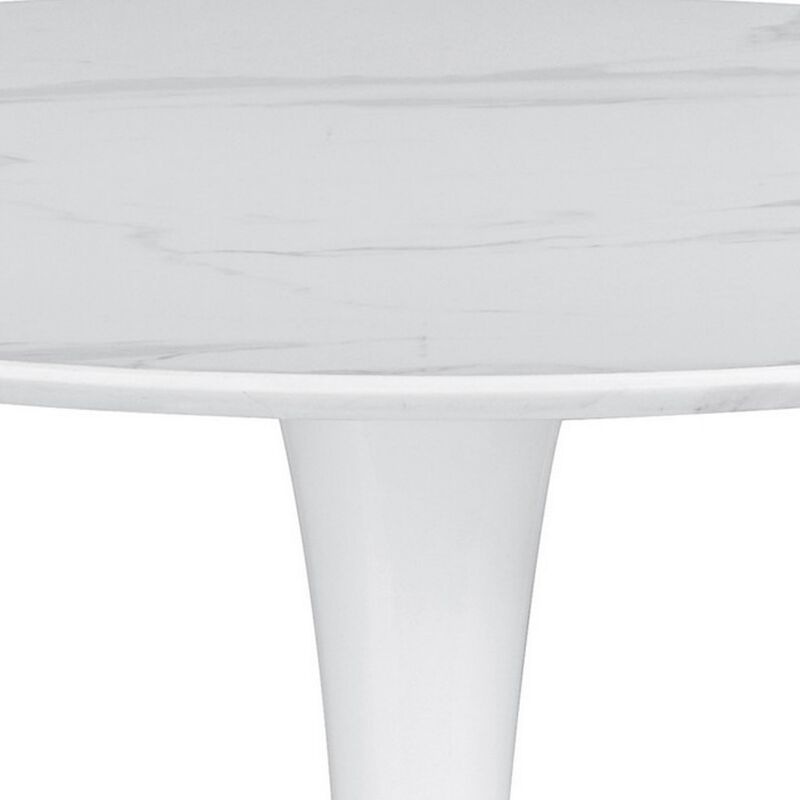Loxi 30 Inch Round Dining Table, White Faux Marble Top, Tulip Accent Body - Benzara