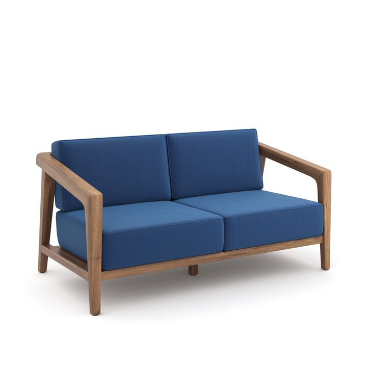 Nea Outdoor Loveseat, Dark Blue, Natural Brown Acacia Wood 55 Inch - Benzara