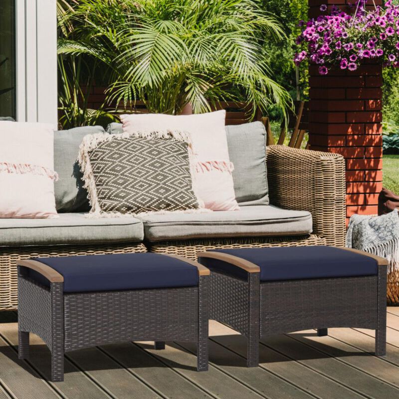 Hivvago Set of 2 Wicker Patio Ottoman Fade-Resistant Foot Rest with Cushion