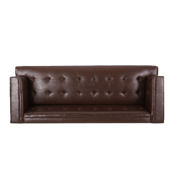Alio Sofa, 3 Seater, 81 Inch, Tuxedo Arms, Tufted Brown Faux Leather - Benzara