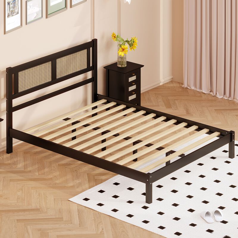 Merax Wood Platform Bed with Natural Rattan Headboard