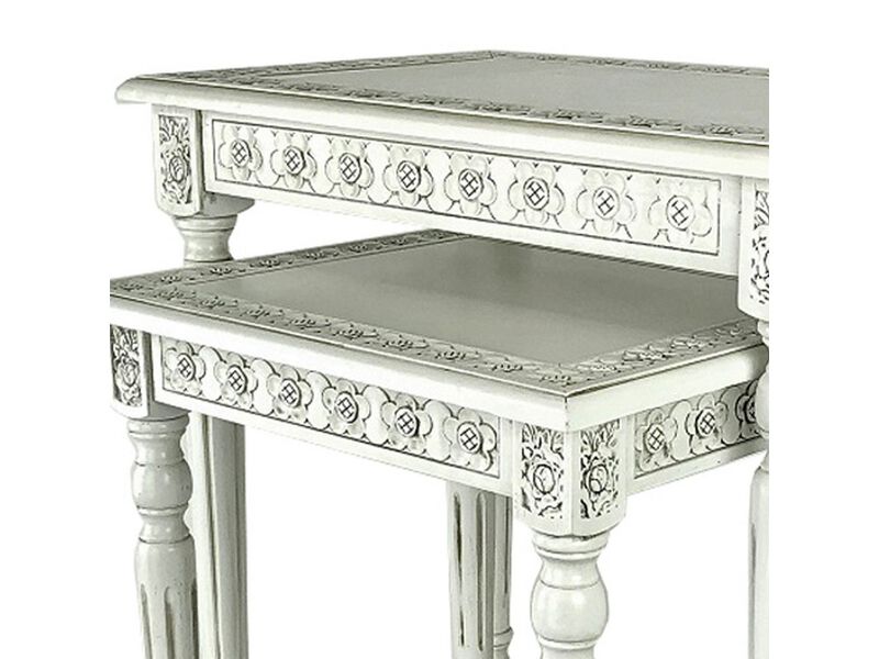 Elegantly Engraved Wooden Frame Nesting Table, Set of 2, Antique White - Benzara