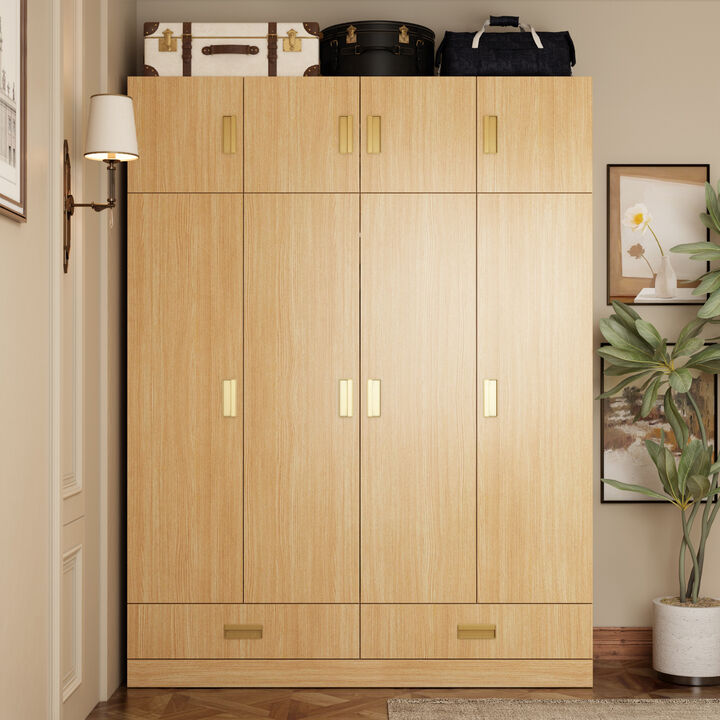 FUFU&GAGA Natural Wood 4-Door Wardrobe, MDF & Rubberwood Construction (63" W x 66.9" H x 18.1" D), Natural Wood Finish