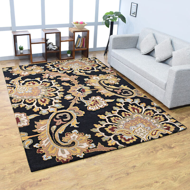 RUGSOTIC CARPETS HAND TUFTED WOOL ECO-FRIENDLY AREA RUGS  - 8'x11', Rectangle Shape, Black, Floral Modern Design, High Pile Thick Handmade Anti Skid Area Rugs for Living Room, Bed Room (K00151)