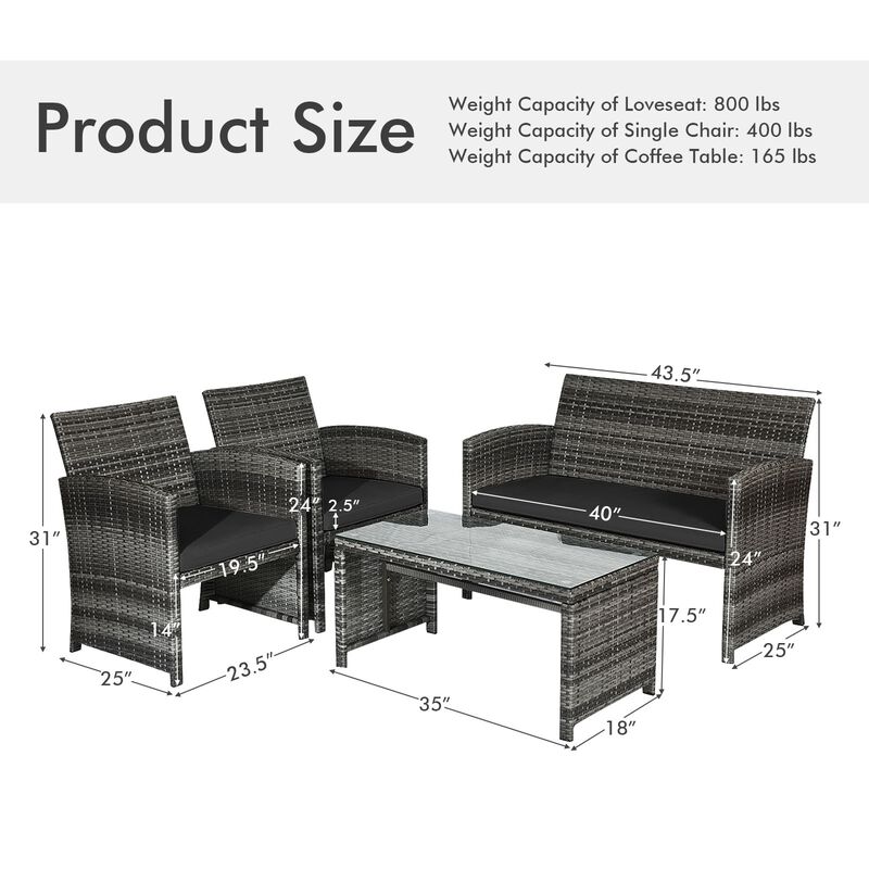 4 Pcs Patio Rattan Furniture Set Top Sofa With Glass Table