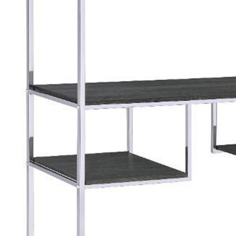 Etagere Bookshelf with 7 Shelves and Geometric Pattern,Silver and Dark Gray-Benzara