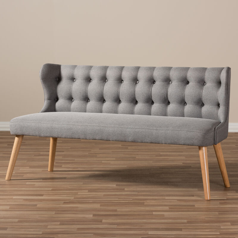 Baxton Studio Melody Mid Century Grey Fabric And Natural Wood Finishing Settee Bench